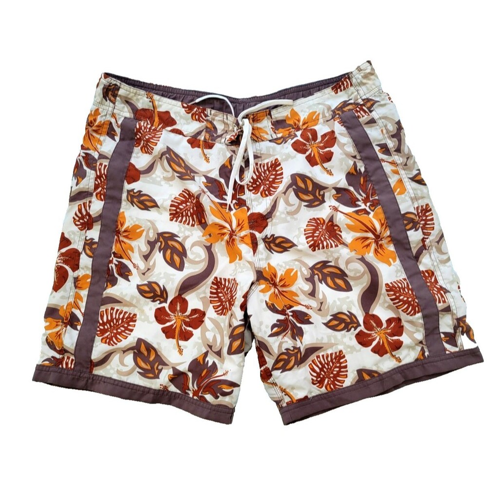 Blue Curl Bermuda Board Shorts‎ M Brown Hawaiian Print